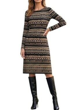 JB By Julie Brown Y2k Black & Cream Chain Print Long Sleeve Midi Dress Womens L